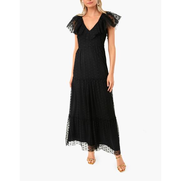 Tuckernuck 'Onyx' Black Tulle Giselle Short Flutter Sleeve Floral Gown Size L - Picture 1 of 5